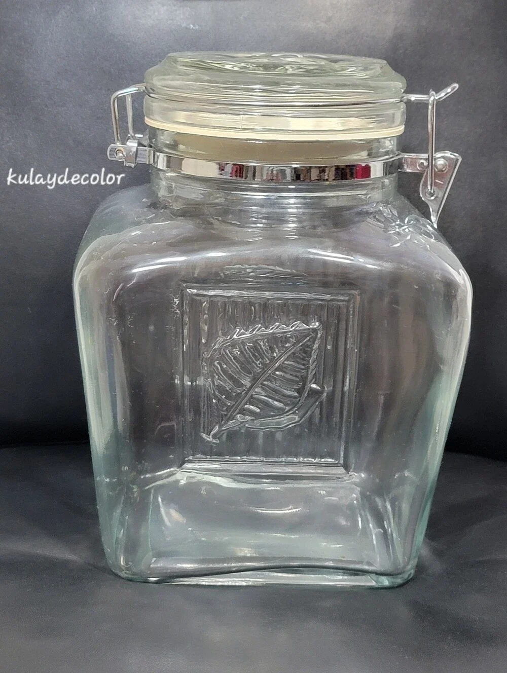 Vintage Large Glass Canister Embossed Leaf Hermetic Jar Hinged Bail Lid 8.75